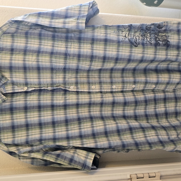Arizona plaid button-up shirt, size XXL, in blue and green with graphic detail. - Picture 1 of 4
